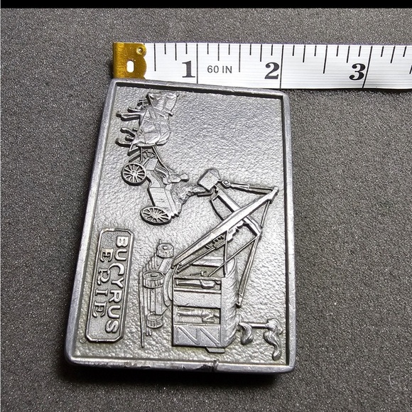 Bucyrus-Erie Pewter Rectangle Belt Buckle B-E Steam Shovel Horse and Wagon 3×2in - Picture 7 of 9